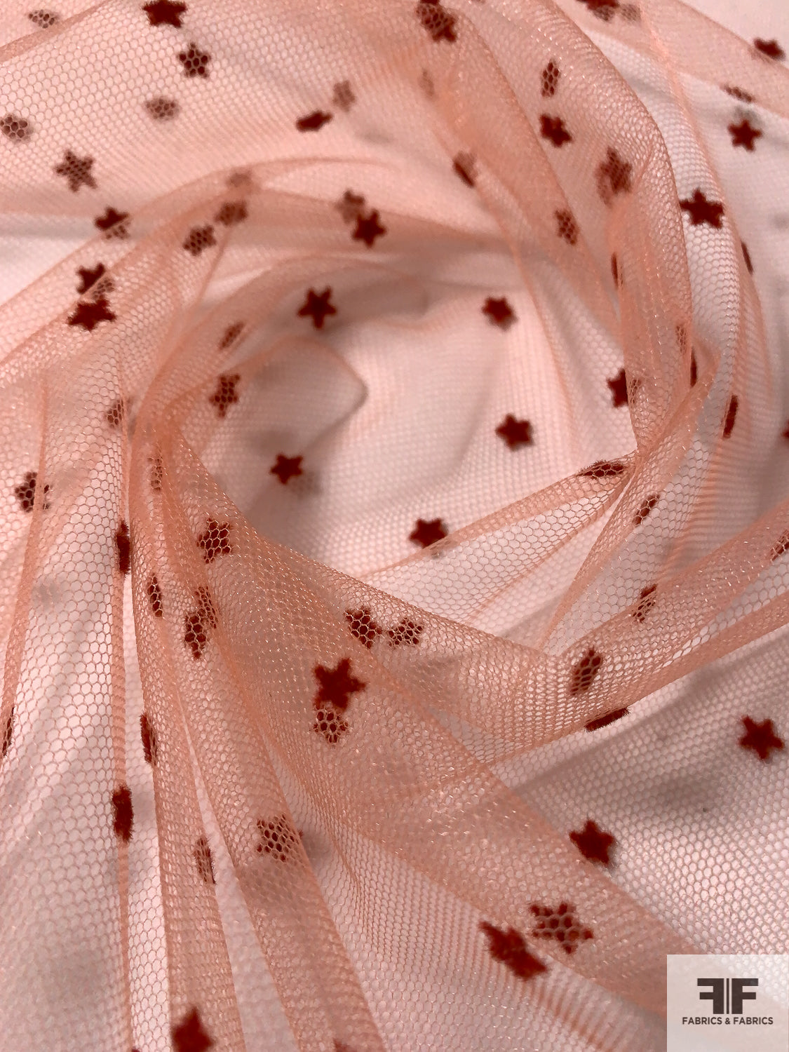 Made in France Star Design Flocked Tulle - Brick Red / Dusty Peach