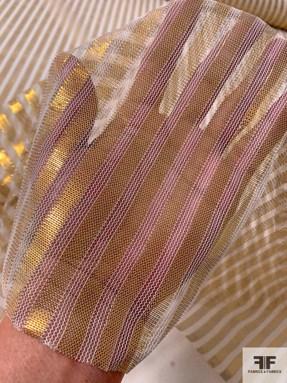 Vertical Metallic Striped Tulle - Gold / White