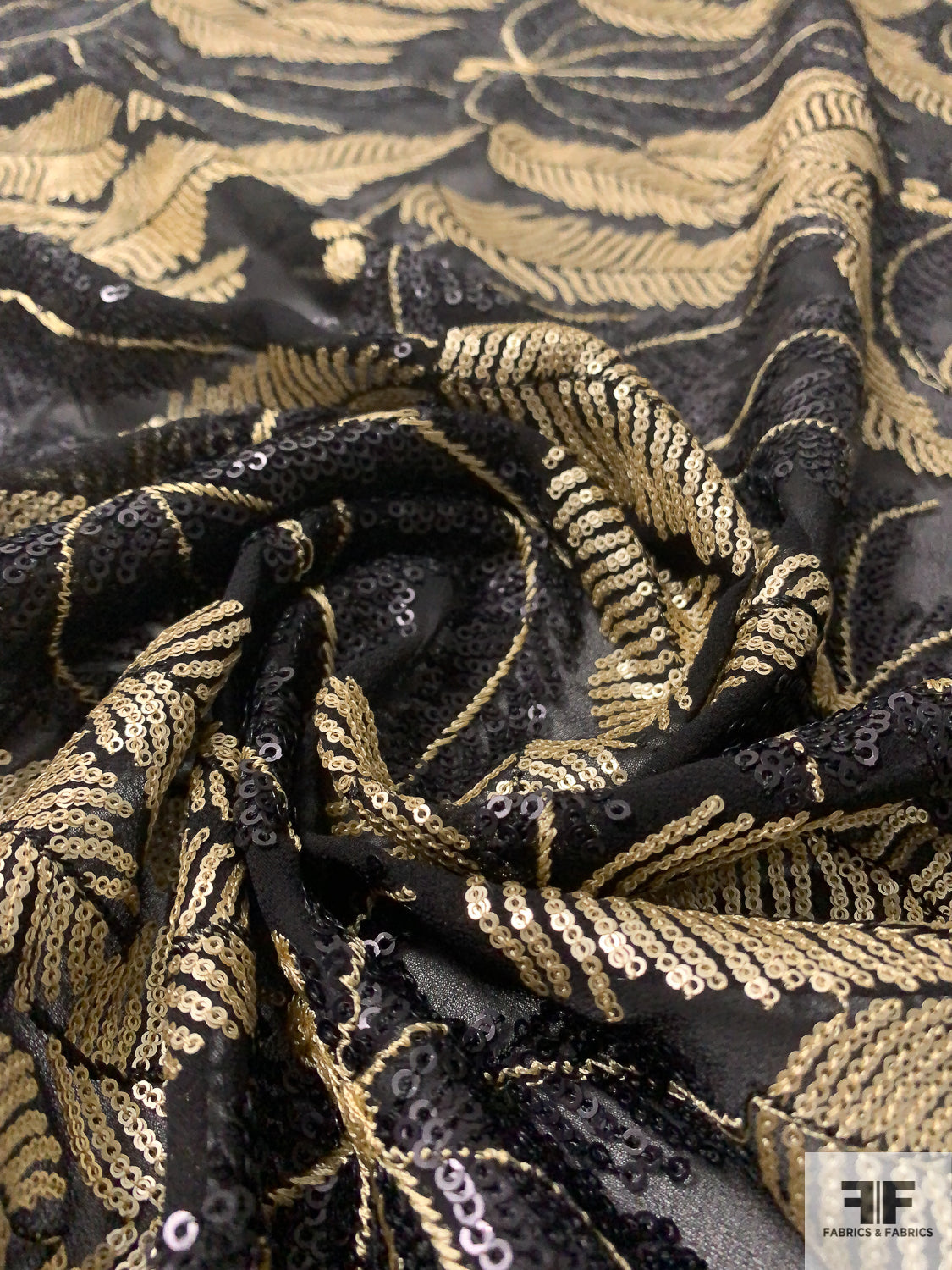 Sequins in Leaf Design on Polyester Chiffon - Gold / Black