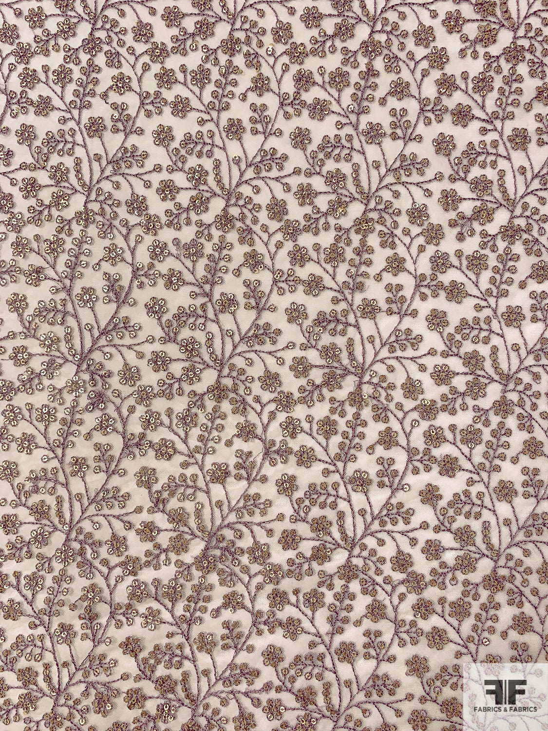 Ditsy Vine Floral Embroidered Netting with Sequins - Lilac / Antique Gold / Off-White