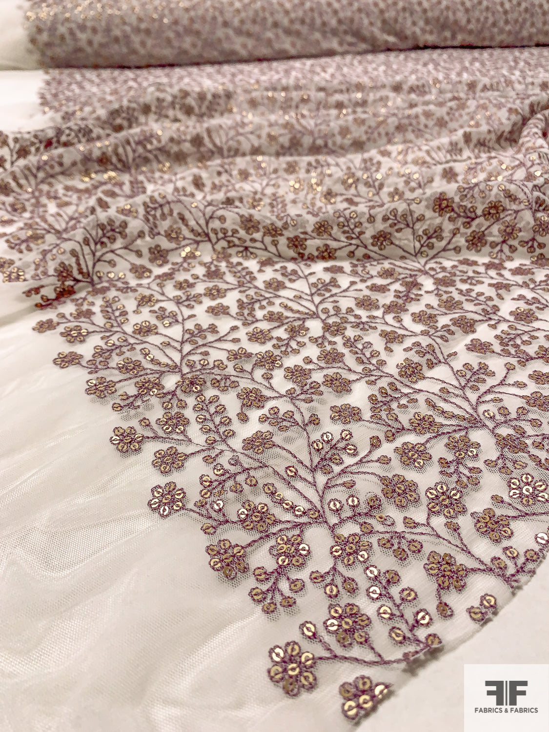 Ditsy Vine Floral Embroidered Netting with Sequins - Lilac / Antique Gold / Off-White
