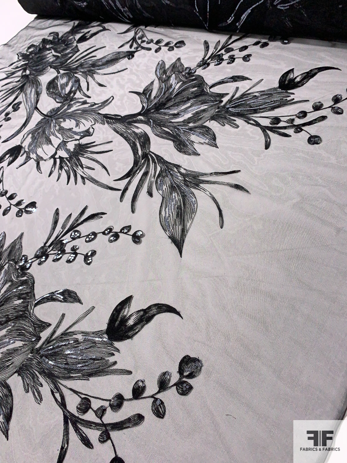 Exquisite Large-Scale Floral Embroidered Tulle with Sequins - Black