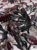 Viney Floral Embroidered Tulle with Metallic Sequins and Detailing - Wine / Gold / Black