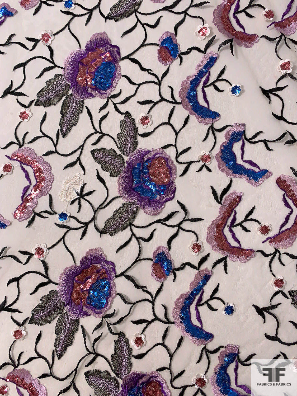 Floral Embroidered Champagne-Based Fine Netting with Sequins Enhancements - Purples / Pinks / Blue / Black