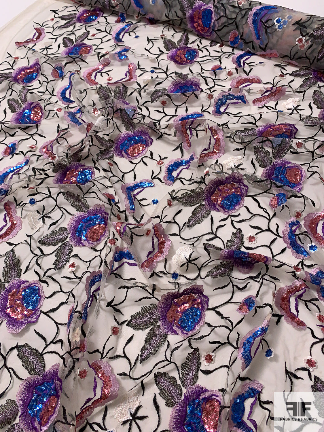 Floral Embroidered Champagne-Based Fine Netting with Sequins Enhancements - Purples / Pinks / Blue / Black