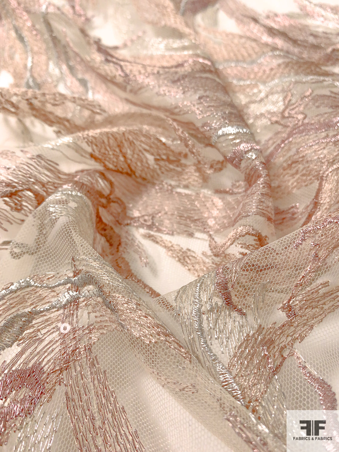 Exotic Embroidered Tulle with Clear Sequins and Metallic Detailing - Blush / Champagne