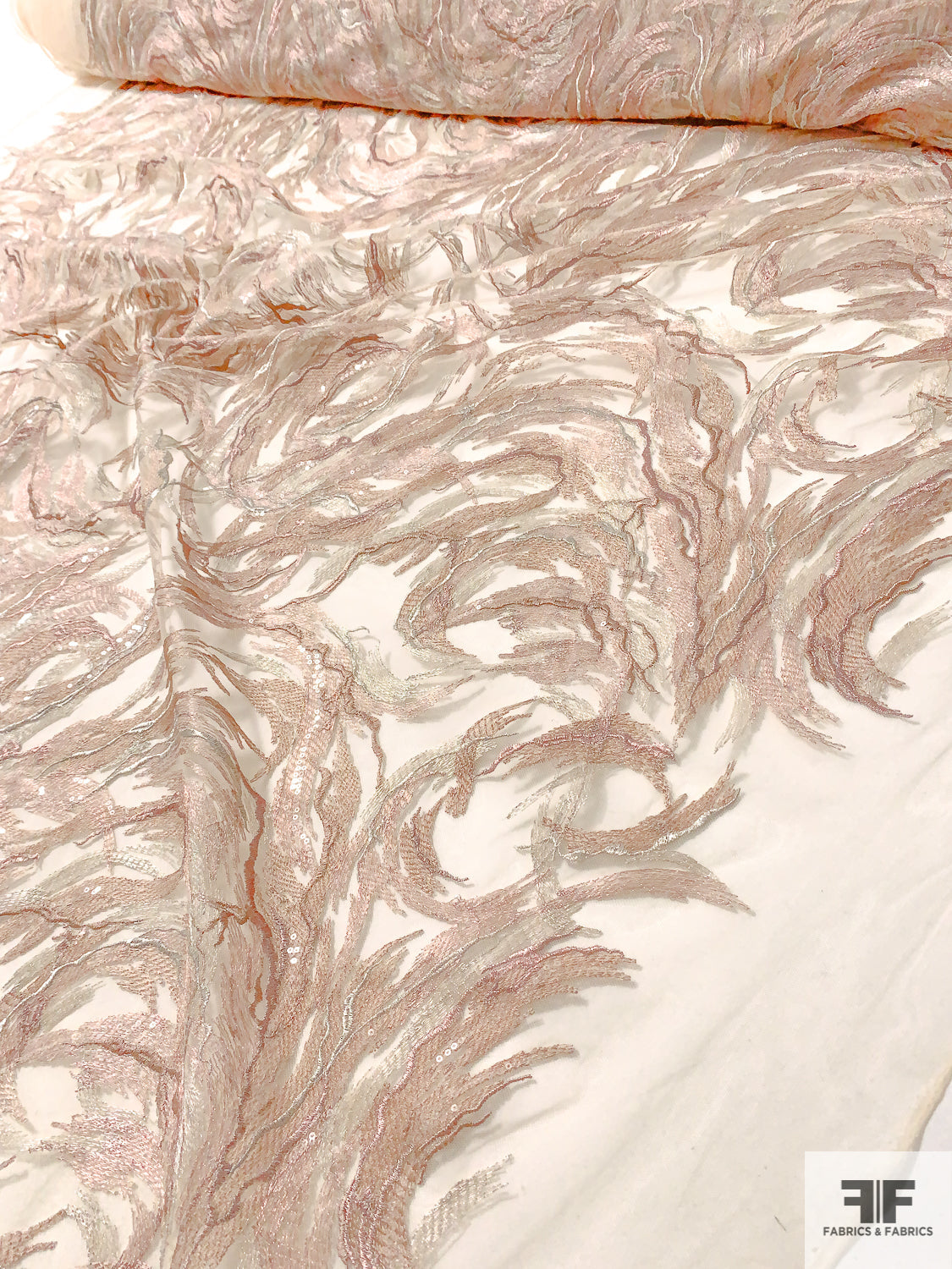Exotic Embroidered Tulle with Clear Sequins and Metallic Detailing - Blush / Champagne