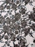 Romantic Floral Border Pattern Embroidered Tulle - Steel Grey / Stone Grey
