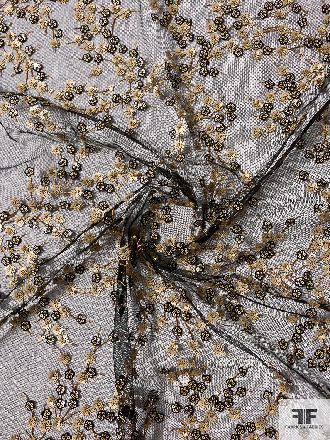 Dainty Floral Clustered Sequins and Embroidered Fine Netting - Black / Gold / Light Gold