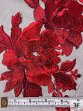 Romantic Floral Border Pattern Embroidered Tulle with Scalloped Edge - Valentino Red / Wine Red / Black