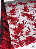 Romantic Floral Border Pattern Embroidered Tulle with Scalloped Edge - Valentino Red / Wine Red / Black