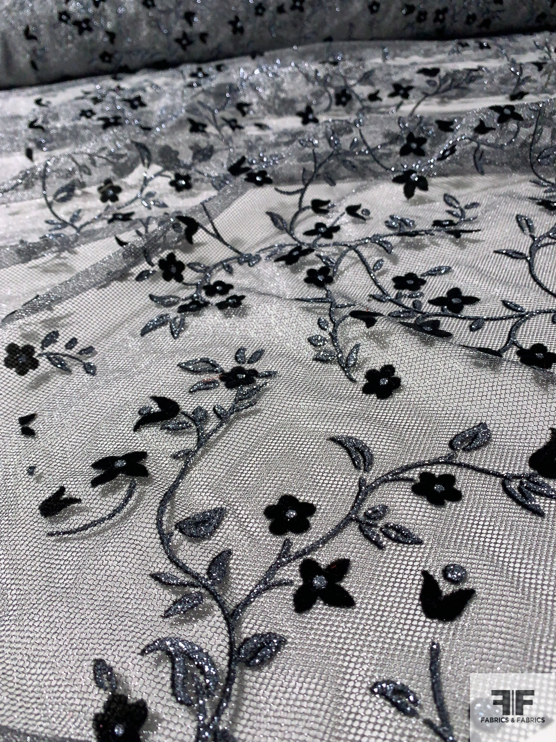 Made in France Floral Flocked Metallic Tulle with Glitter Detailing - Grey / Silver / Black