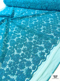 Floral Embroidered Tulle with Cording and Scalloped Edges - Turquoise Blue