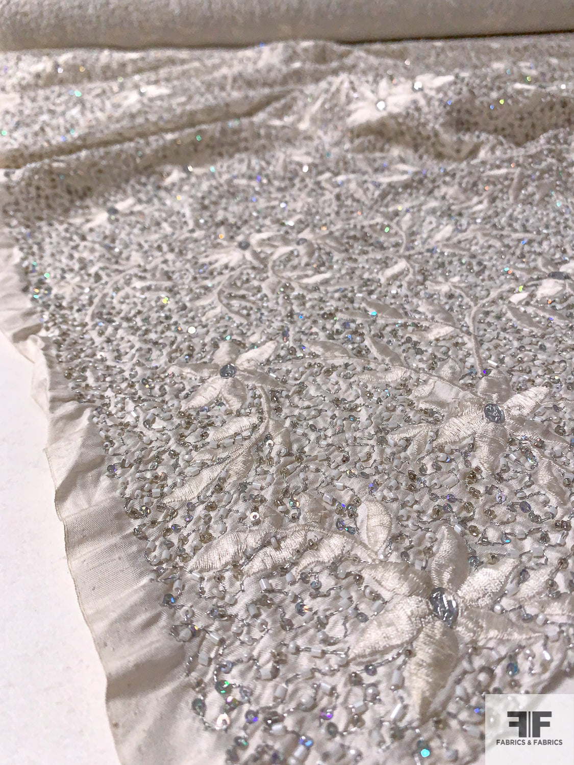 Novelty Floral Embroidered Silk Shantung with Hologram Sequins and Beads - White / Silver