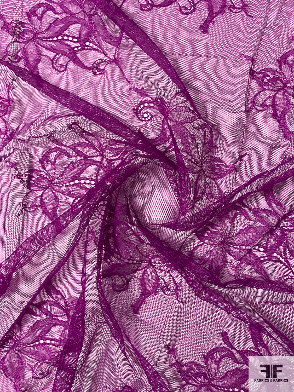 Fine Floral Double-Scalloped Leavers Lace Strip - Purple-Magenta