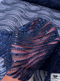 Wavy Lines Embroidered and Beaded Netting with Sequins - Navy