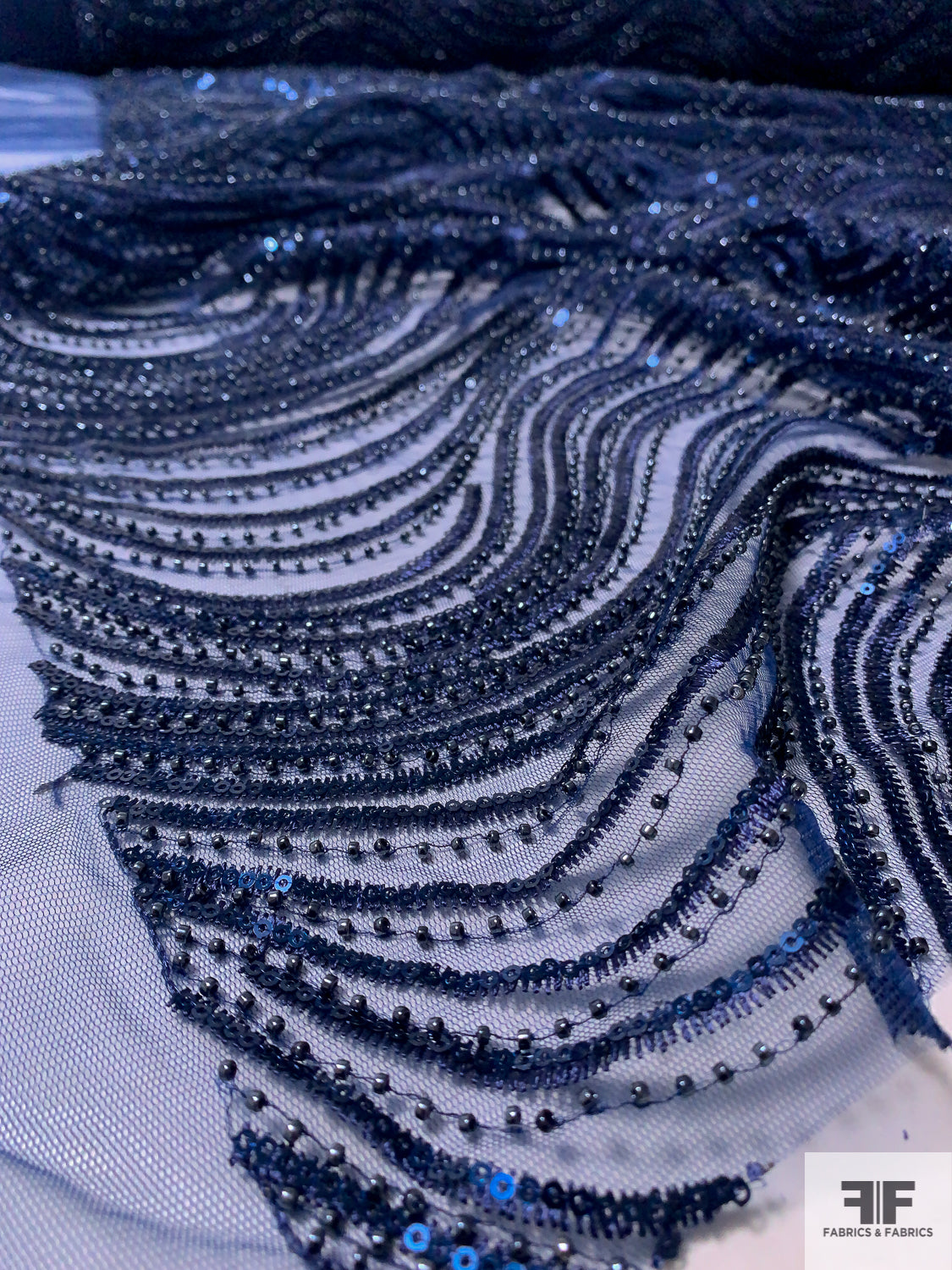 Wavy Lines Embroidered and Beaded Netting with Sequins - Navy