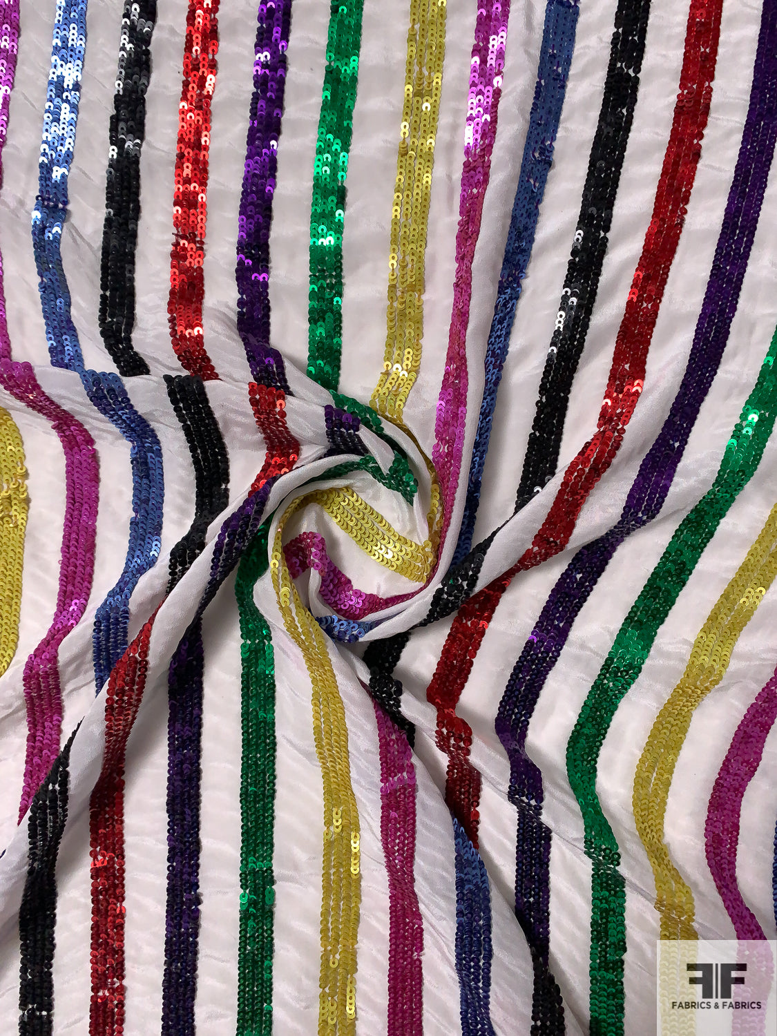 Rainbow Striped Sequins on Silk Crepe de Chine - Multicolor / White -  Fabric by the Yard