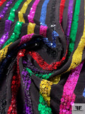 Rainbow Striped Sequins on Silk Crepe de Chine - Multicolor / Black