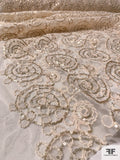 Netting with Circular Yarn Embroidery and Sequins - Ivory White / Light Gold