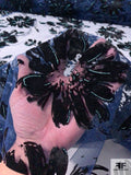 French Floral Flocked Diamond Tulle with Cracked Ice Detailing - Navy / Black / Metallic Aqua