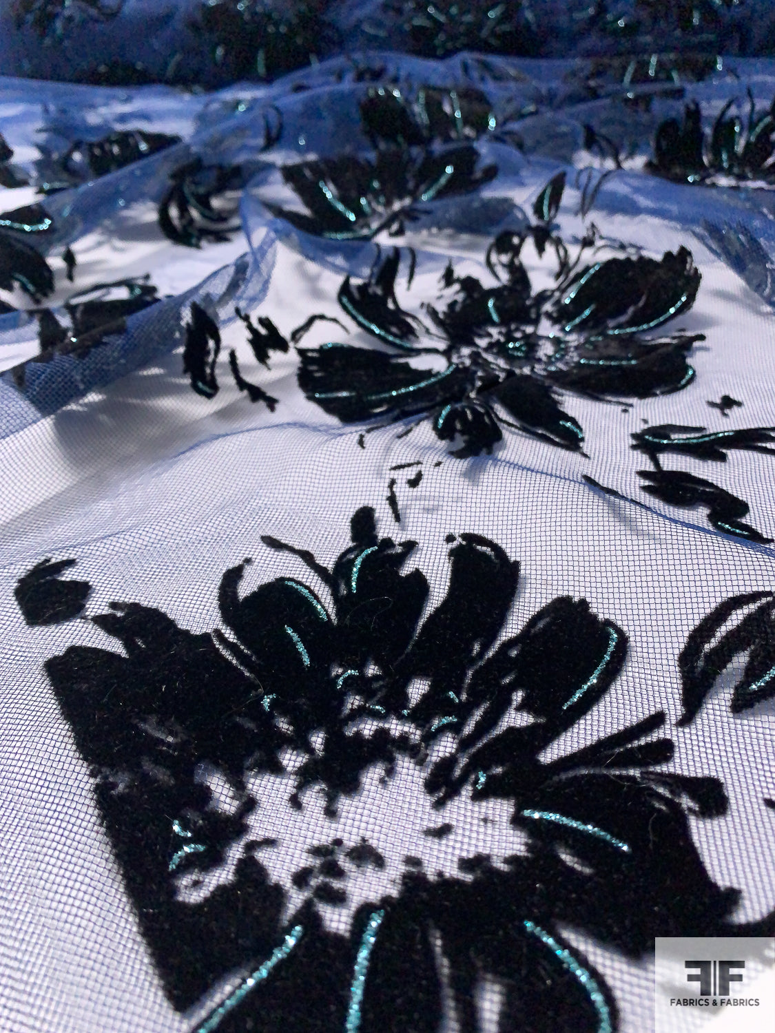 French Floral Flocked Diamond Tulle with Cracked Ice Detailing - Navy / Black / Metallic Aqua