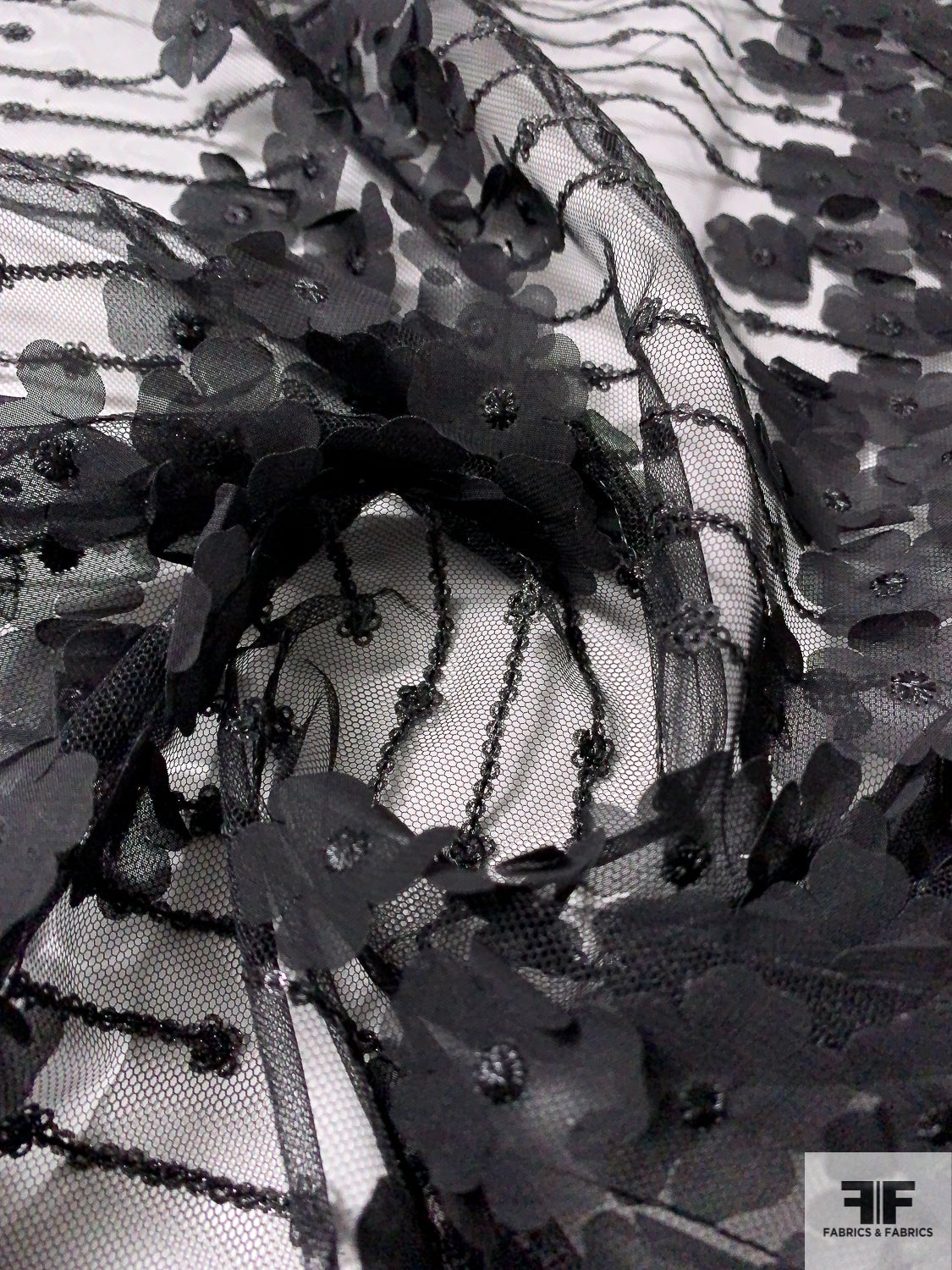 Fine Netting with 3D Floral Chiffon Appliqués and Sequins Detailing - Black