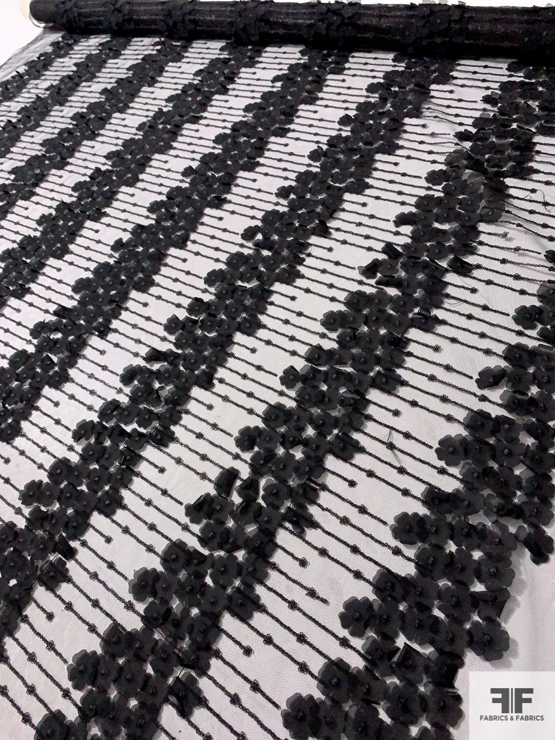 Fine Netting with 3D Floral Chiffon Appliqués and Sequins Detailing - Black
