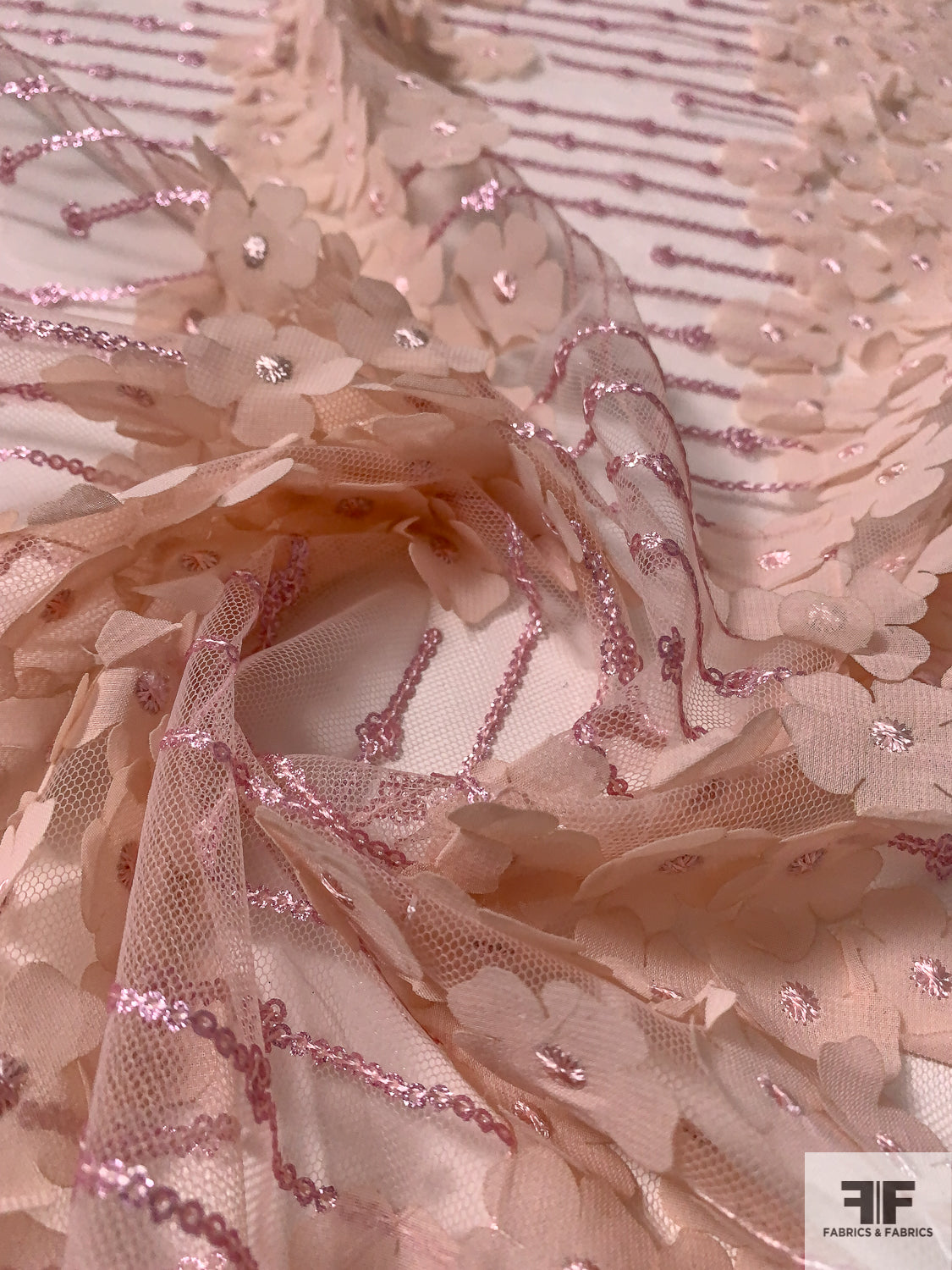 Fine Netting with 3D Floral Chiffon Appliqués and Sequins Detailing - Blush / Pink