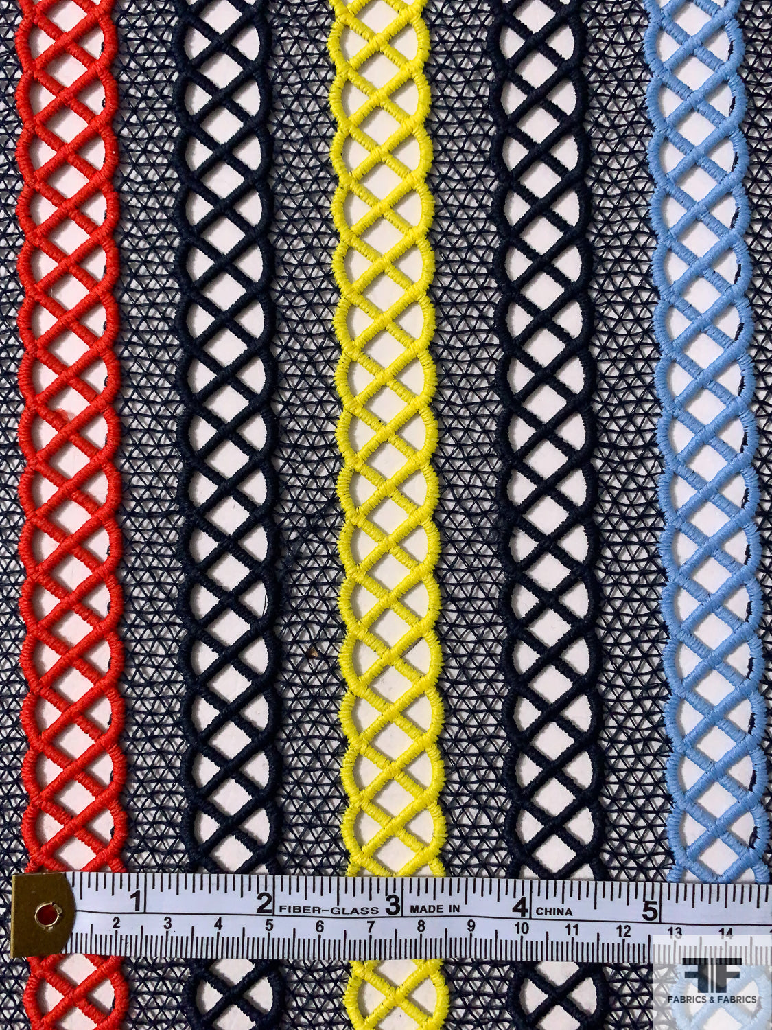 Multicolor Striped Guipure Lace - Navy / Red / Yellow / Green / Sky Blue