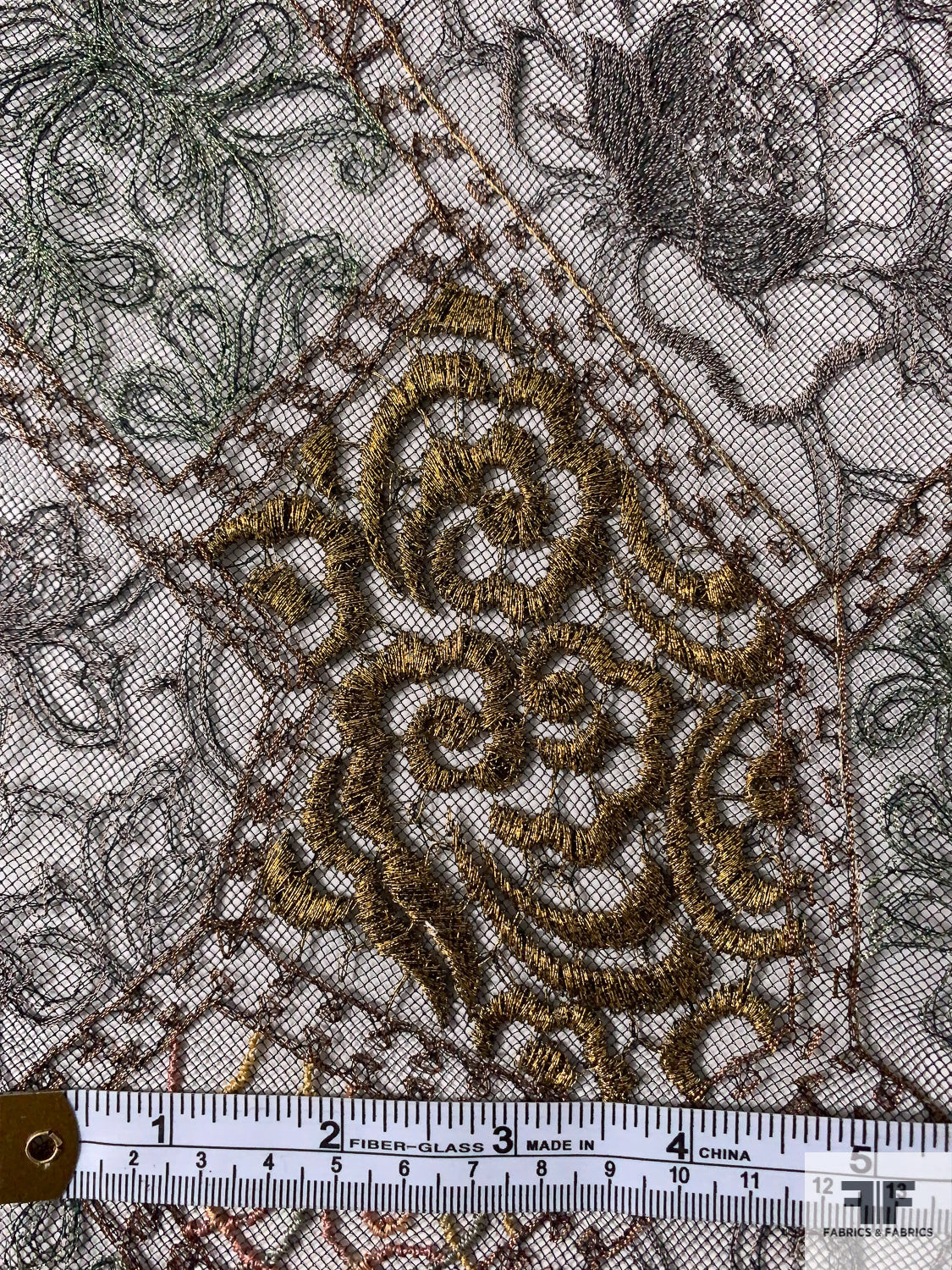 French Unique Embroidered Fine Tulle - Antique Gold / Copper / Taupe / Metallic Mint