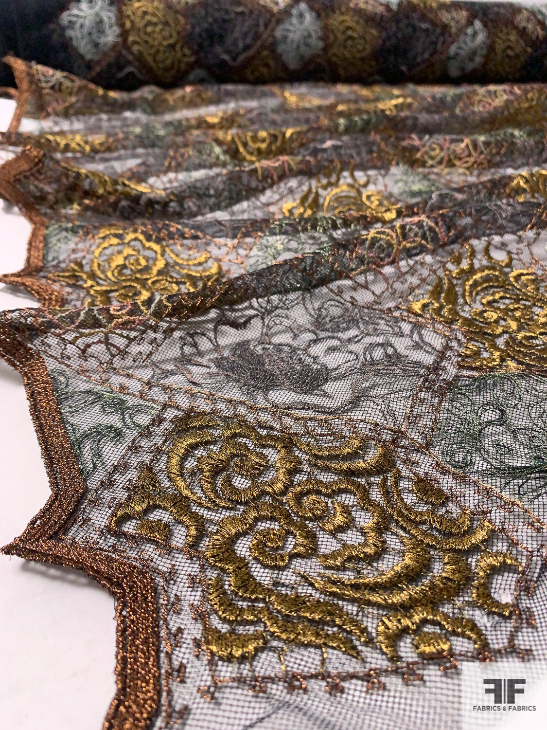 French Unique Embroidered Fine Tulle - Antique Gold / Copper / Taupe / Metallic Mint