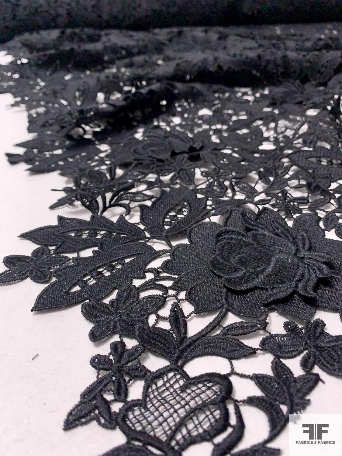Stretch Cotton Lace Fabric, Per Metre - Rose Floral Design - Black 