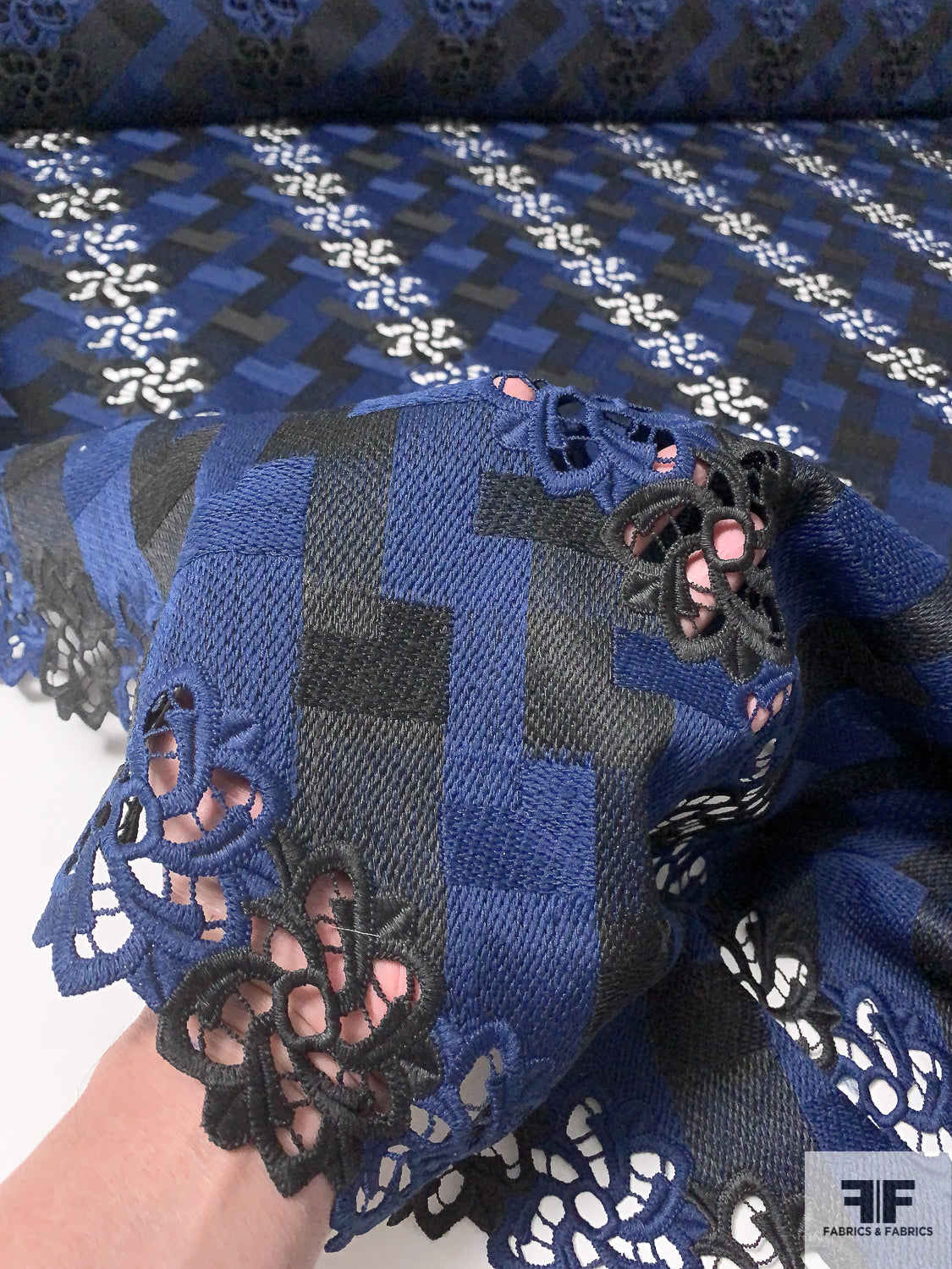 Floral Tile Guipure Lace - Navy Blue / Black