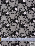 Floral Rosette Vines Embroidered Netting - Black / Gunmetal Grey / White