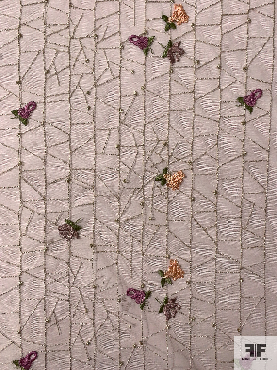Geometric Grid and Floral Embroidered Netting - Taupe / Moss Green / Purple