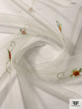 French Scalloped Border Pattern Floral Embroidered Tulle - Cream / Green / Orange