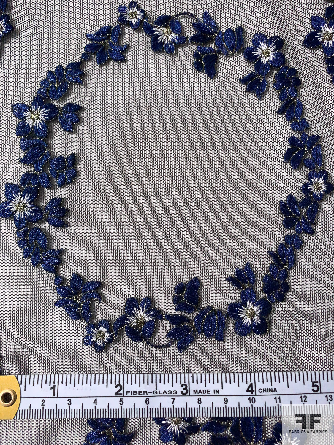Floral Circle Design Fine Embroidered Netting with Lurex Detailing - Black / Royal Blue / White / Gold