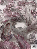Marchesa Embroidered and Beaded Tulle with Light Cording and 3D Appliqué - Mauve / Silver / Grey