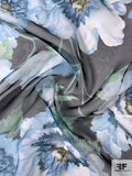 Marchesa Watercolor Floral Printed Silk Organza with Embroidery - Shades of Blue / Green / Ochre