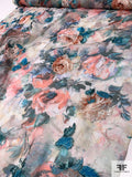 Romantic Watercolor Floral Printed Silk Organza with Embroidery - Coral / Turquoise / Multicolor