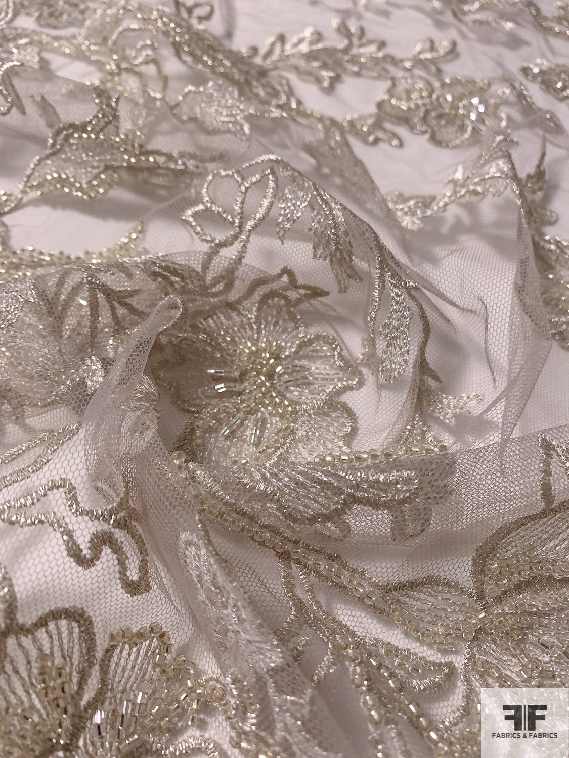 Exquisite Border Pattern Floral Embroidered Tulle with Beading - Silver / Light Grey