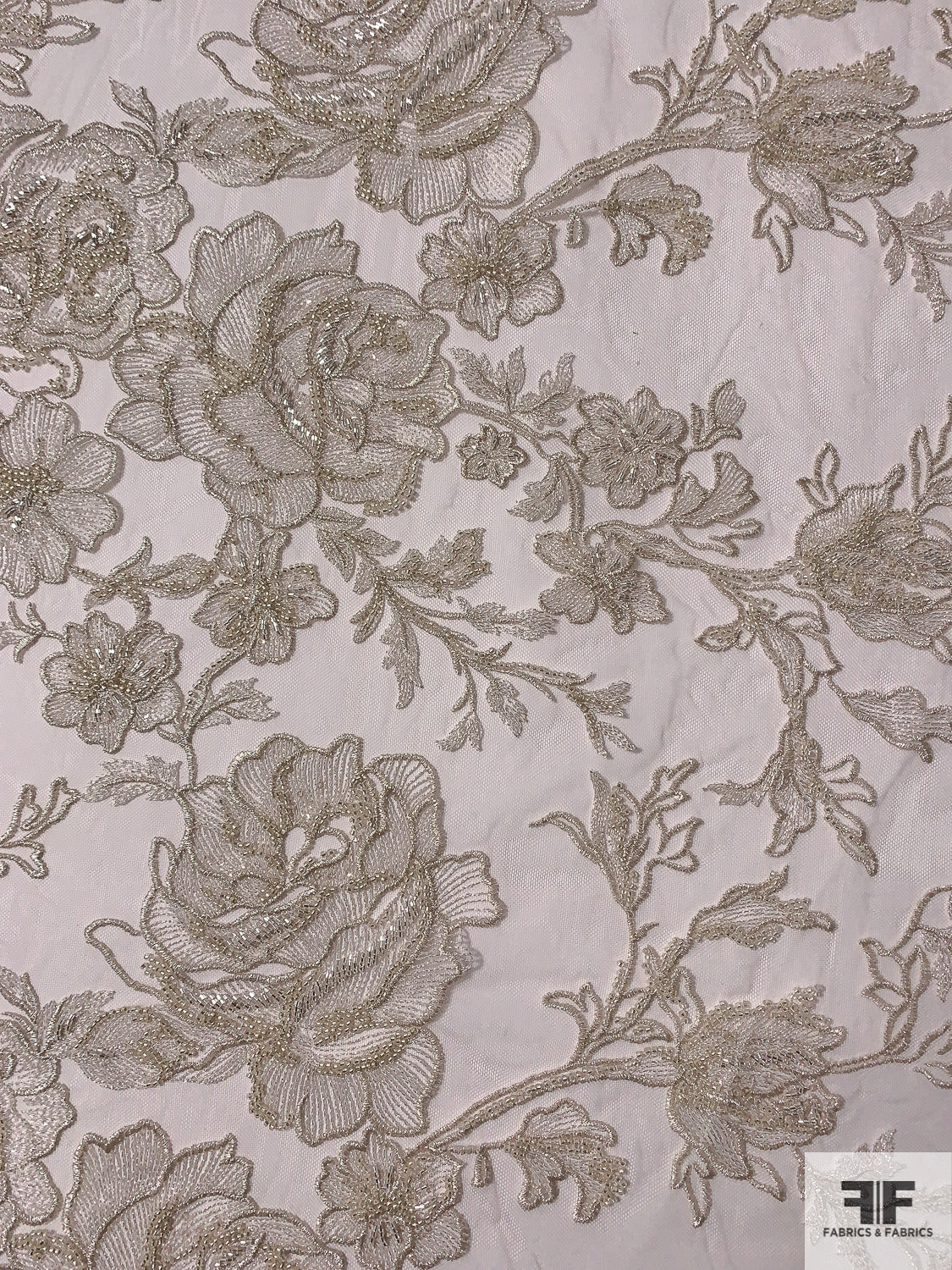 Patterned Tulle Exquisite Border Pattern Floral Embroidered Tulle with Beading - Silver ...