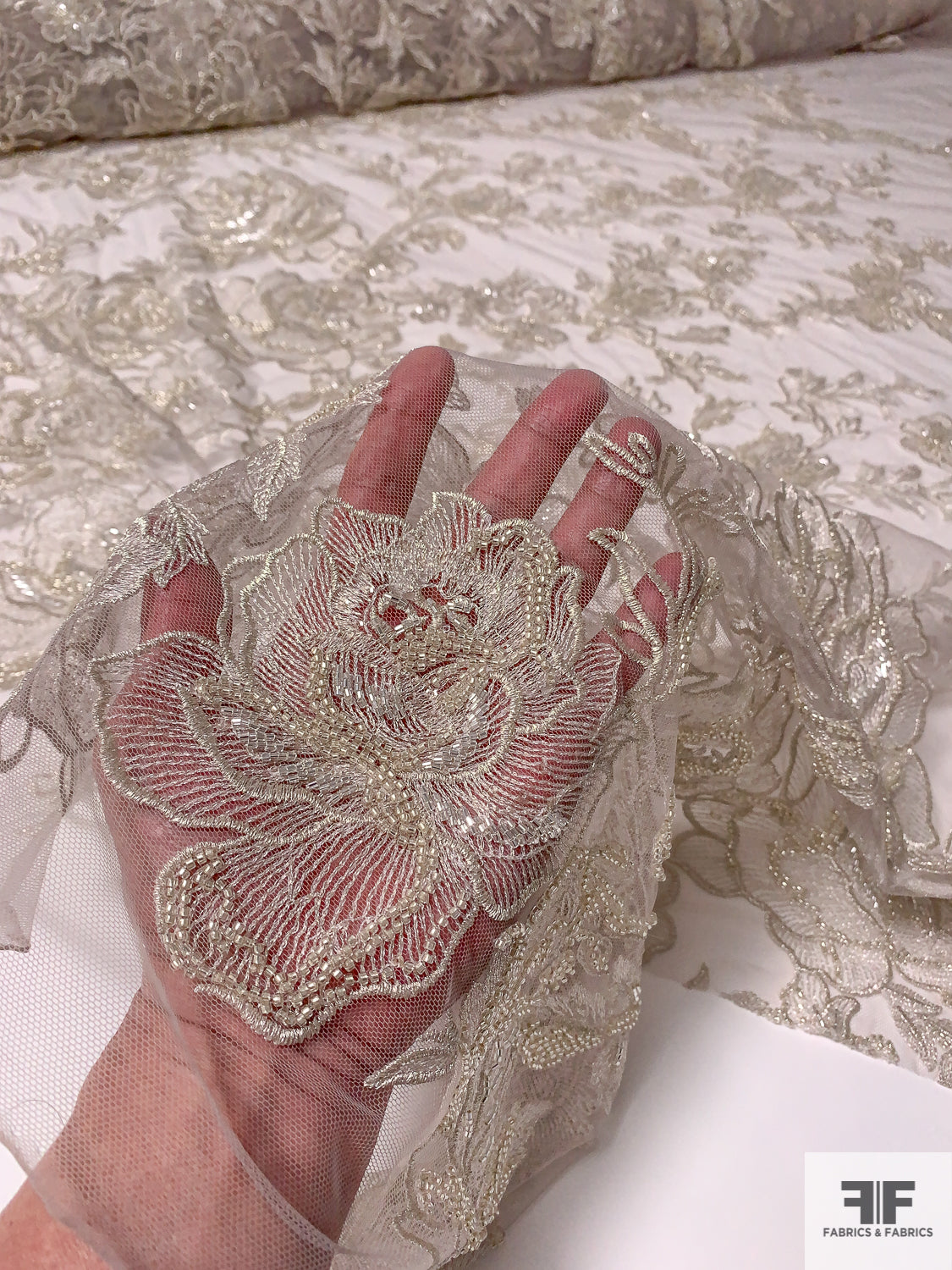 Patterned Tulle Exquisite Border Pattern Floral Embroidered Tulle with Beading - Silver ...