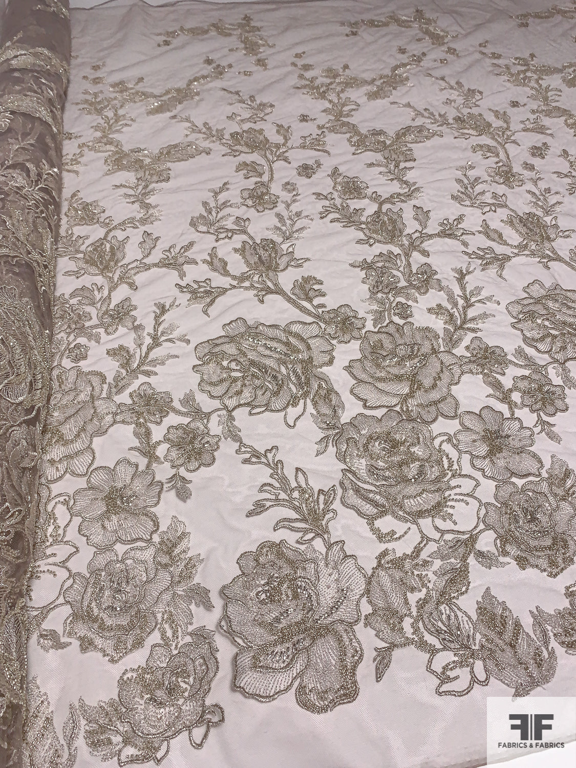 Exquisite Border Pattern Floral Embroidered Tulle with Beading - Silver / Light Grey