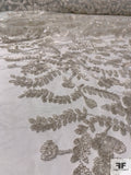 Locust Leaf and Floral Embroidered Tulle with Beading and Sequins - Silver / Grey
