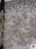 Exotic Border Pattern Embroidered Tulle with 3D Tulle Appliqué Petals - Champagne / Gold / Black