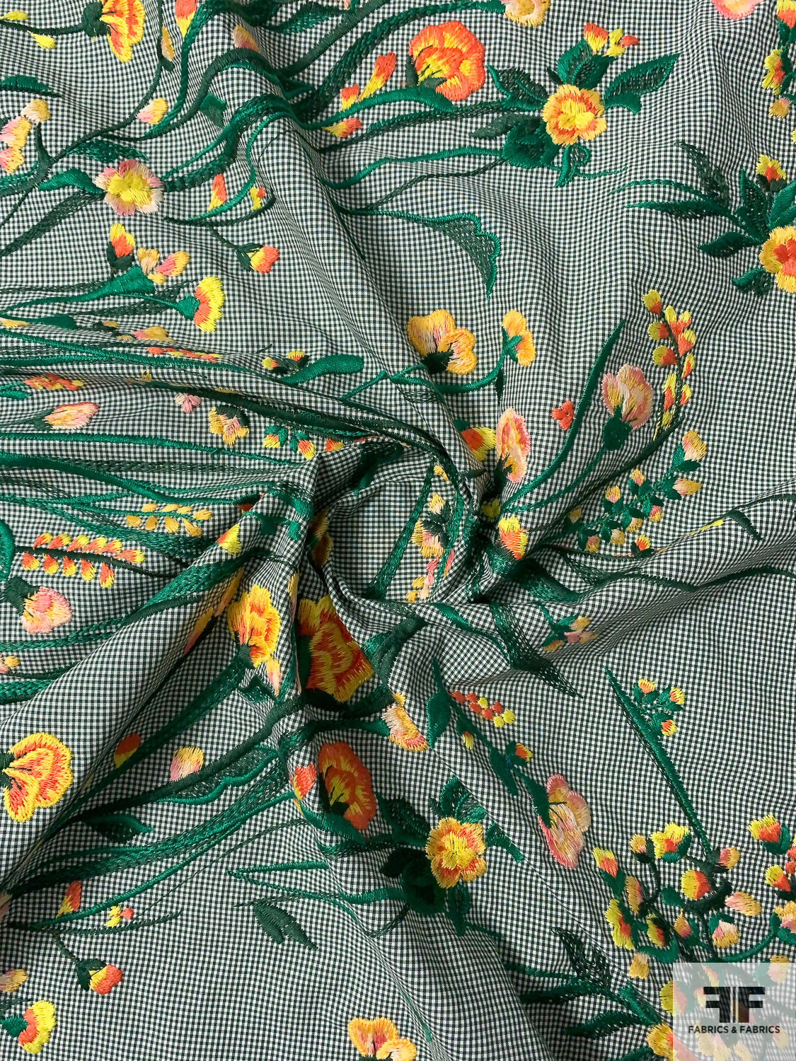 Border Pattern Embroidered Floral Stalks on Mini Gingham Cotton Shirting - Rich Green / Summer Yellow / Orange / White