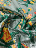 Border Pattern Embroidered Floral Stalks on Mini Gingham Cotton Shirting - Rich Green / Summer Yellow / Orange / White