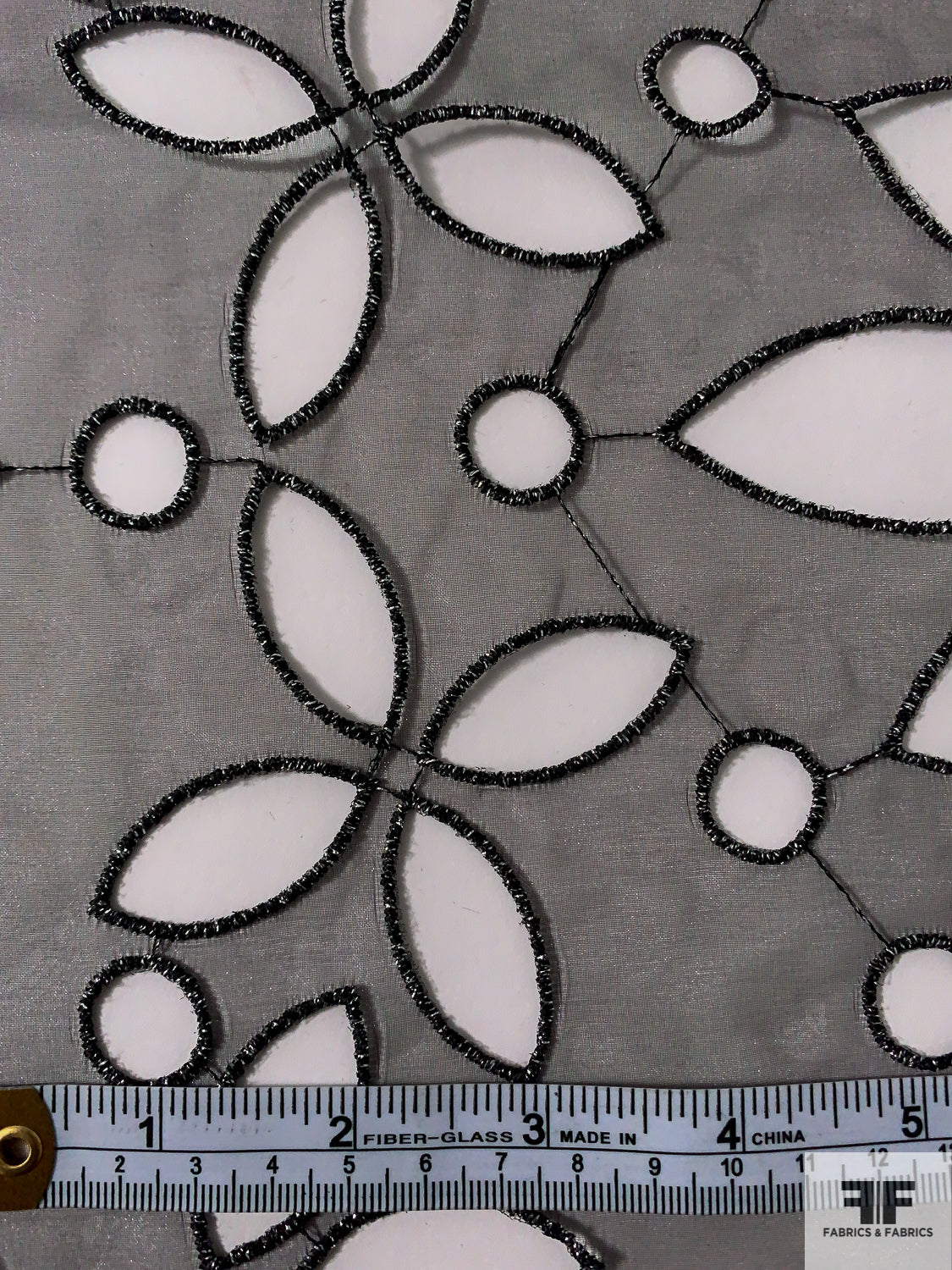 Double Border Pattern and Scalloped Laser Cut Poly Organza - Black / Silver